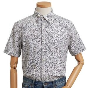 John Varvatos USA Mens XL White Black Floral Short Sleeve Button Up Shirt Cotton